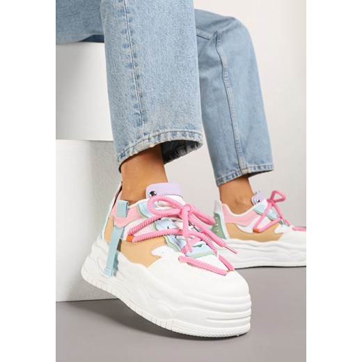 Biało-Różowe Streetwearowe Sneakersy na Platformie z Brokatem i Aplikacjami Maivessa ze sklepu born2be.pl w kategorii Buty sportowe damskie - zdjęcie 179020108