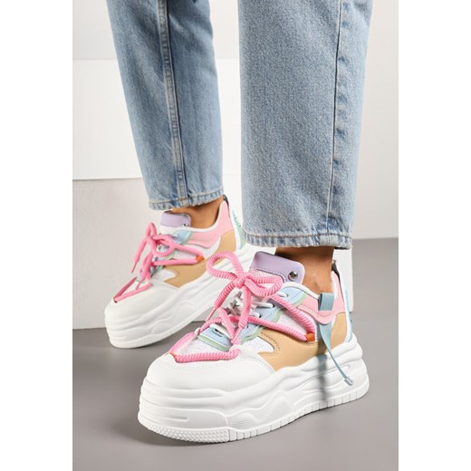 Biało-Różowe Sneakersy w Streetwearowym Stylu na Tłoczonej Platformie z Brokatem Mailienne ze sklepu renee.pl w kategorii Buty sportowe damskie - zdjęcie 179020488