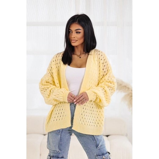 sweter ażurowy jessy polski producent j&k premium - żółty ze sklepu STYLOWO w kategorii Swetry damskie - zdjęcie 179027529