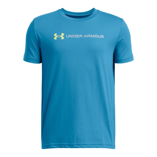 Chłopięcy t-shirt z nadrukiem Under Armour UA B Logo Wordmark SS - niebieski ze sklepu Sportstylestory.com w kategorii T-shirty chłopięce - zdjęcie 179028236