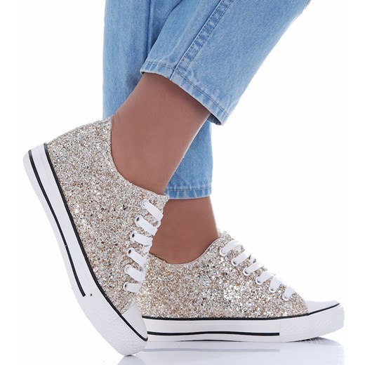 Złote trampki sneakersy na niskim koturnie /B2-2 16612 T097/ ze sklepu Pantofelek24.pl w kategorii Trampki damskie - zdjęcie 179041969