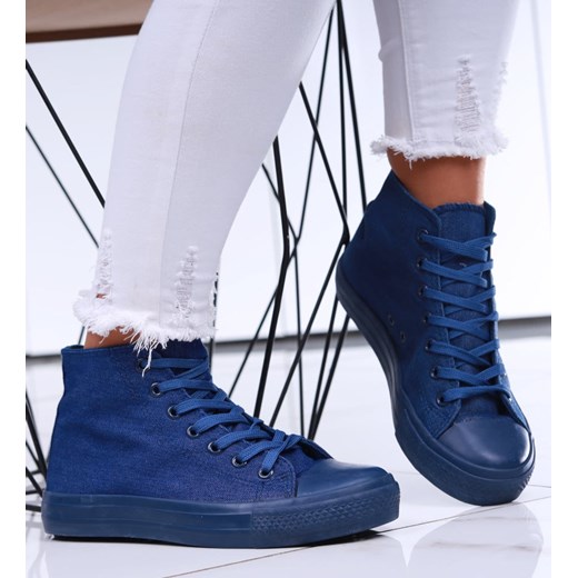 Klasyczne granatowe trampki damskie jeansowe z wysoką cholewką /H2 16708 G9-84/ ze sklepu Pantofelek24.pl w kategorii Trampki damskie - zdjęcie 179042188
