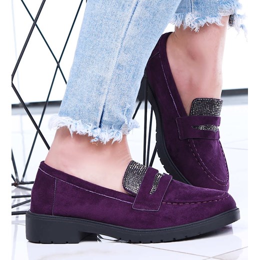 Fioletowe zamszowe półbuty loafersy na niskim obcasie /G1-3 15474 T386/ ze sklepu Pantofelek24.pl w kategorii Mokasyny damskie - zdjęcie 179042538