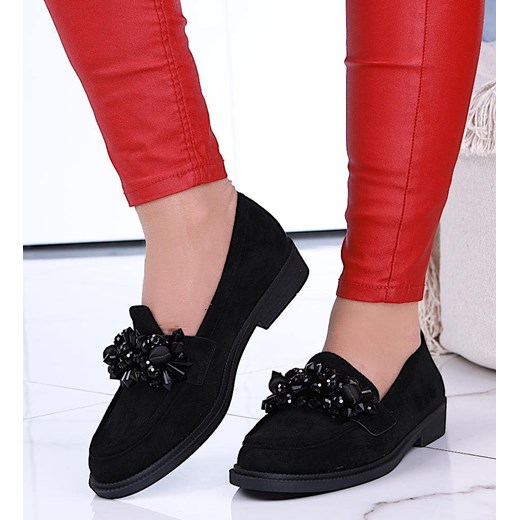 Czarne loafersy damskie z błyszczącymi kamieniami /F3-2 14619 T6/ ze sklepu Pantofelek24.pl w kategorii Mokasyny damskie - zdjęcie 179046339