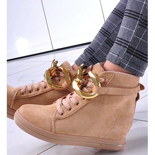 Beżowe sneakersy damskie na koturnie /E8-2 12767 T891/ ze sklepu Pantofelek24.pl w kategorii Botki - zdjęcie 179046629