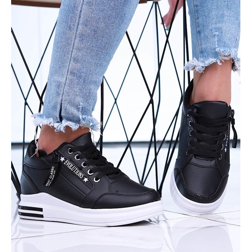 Sznurowane czarne trampki sneakersy na koturnie /F2-2 15955 D432/ ze sklepu Pantofelek24.pl w kategorii Buty sportowe damskie - zdjęcie 179047568