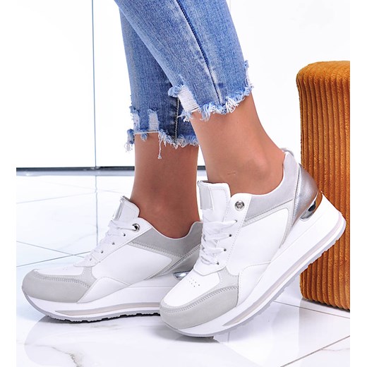 Białe trampki sneakersy na niskim koturnie /E1-2 12468 T535/ ze sklepu Pantofelek24.pl w kategorii Buty sportowe damskie - zdjęcie 179047716