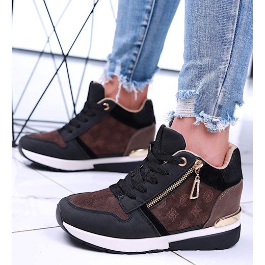 Damskie sneakersy na koturnie Black /C7-3 15912 D383/ ze sklepu Pantofelek24.pl w kategorii Buty sportowe damskie - zdjęcie 179048488