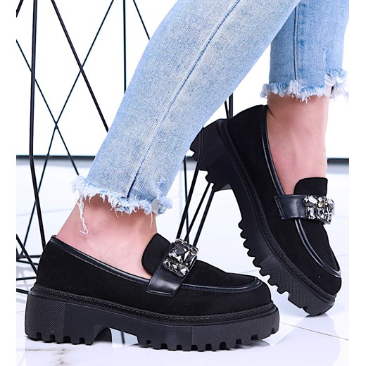 Czarne loafersy z kamieniami półbuty na platformie /C1-1 15499 T336/ ze sklepu Pantofelek24.pl w kategorii Mokasyny damskie - zdjęcie 179048577