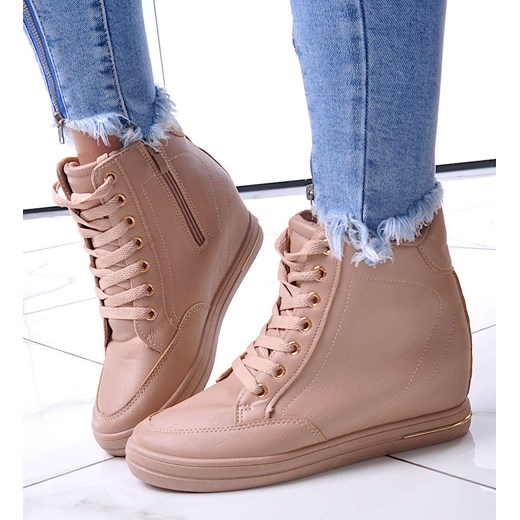 Beżowe sneakersy damskie na koturnie /B6-2 12824 T796/ ze sklepu Pantofelek24.pl w kategorii Botki - zdjęcie 179049017