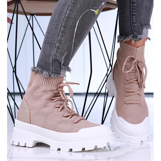 Wiosenne botki z tkaniny na platformie Khaki /E10-3 15705 T144/ ze sklepu Pantofelek24.pl w kategorii Workery damskie - zdjęcie 179049156