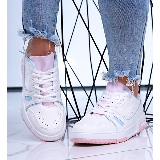 Białe sznurowane trampki damskie z kolorowymi dodatkami /F1-3 15921 G158/ ze sklepu Pantofelek24.pl w kategorii Buty sportowe damskie - zdjęcie 179049416