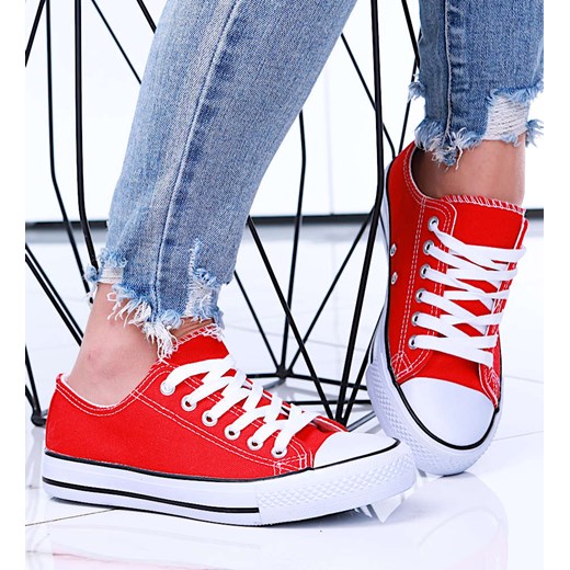 Wiązane czerwone trampki z tkaniny /G9-2 15783 T135/ ze sklepu Pantofelek24.pl w kategorii Trampki damskie - zdjęcie 179049746