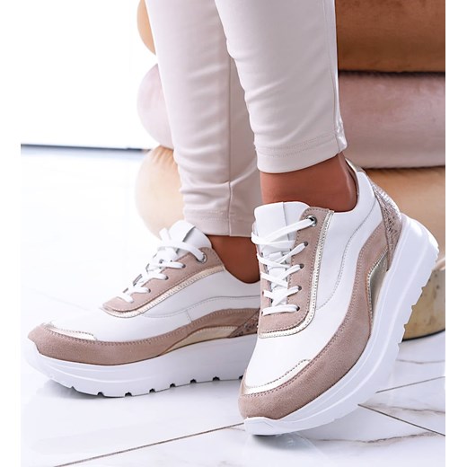 Beżowe skórzane damskie buty sportowe /B2-2 13601 N0203/ ze sklepu Pantofelek24.pl w kategorii Buty sportowe damskie - zdjęcie 179051528