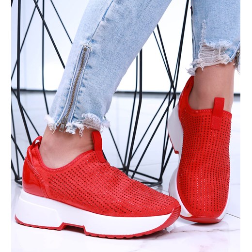 Czerwone wsuwane trampki sneakersy na koturnie /F8-3 15735 T218/ ze sklepu Pantofelek24.pl w kategorii Buty sportowe damskie - zdjęcie 179051675