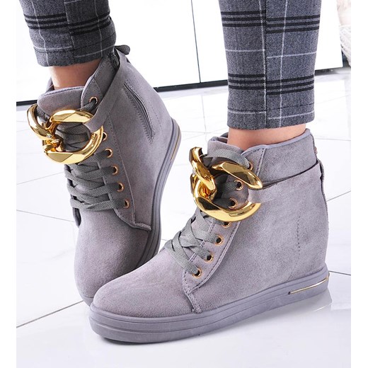 Szare sneakersy damskie na koturnie /C7-2 12768 T891/ ze sklepu Pantofelek24.pl w kategorii Botki - zdjęcie 179052258
