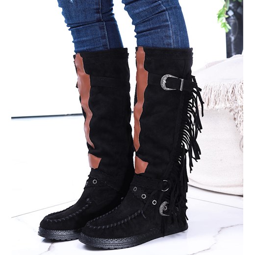 Czarne kozaki boho na ukrytym koturnie /B6-1 14854 T331/ ze sklepu Pantofelek24.pl w kategorii Kozaki damskie - zdjęcie 179052296