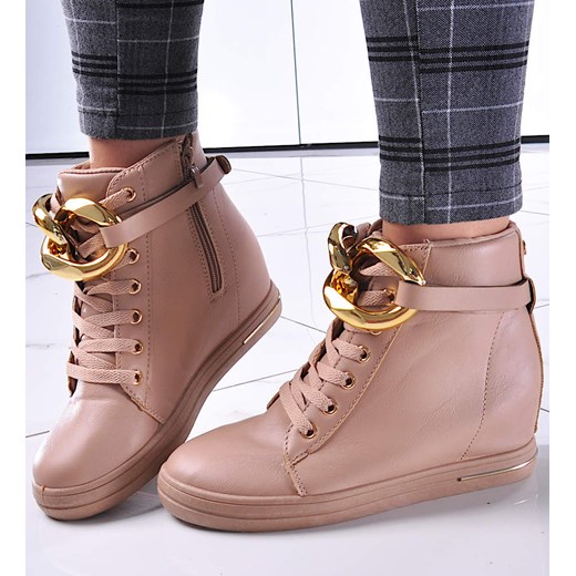 Beżowe sneakersy damskie na koturnie /F7-2 12802 T891/ ze sklepu Pantofelek24.pl w kategorii Botki - zdjęcie 179052648