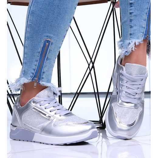 Wiązane srebrne buty sportowe damskie /F4-2 16077 G283/ ze sklepu Pantofelek24.pl w kategorii Buty sportowe damskie - zdjęcie 179053066