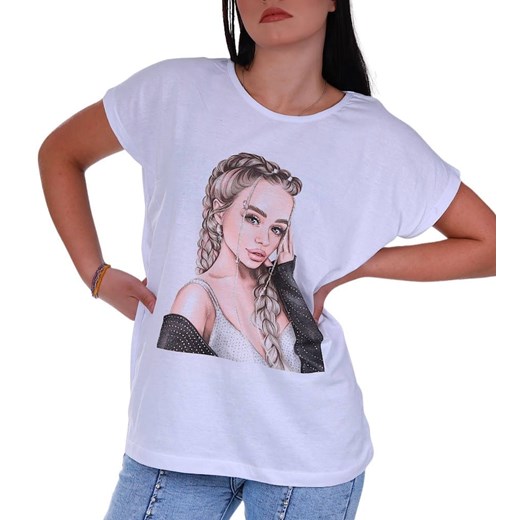 Biała bawełniana koszulka t-shirt z nadrukiem /H2 K24 ub794 S191/ ze sklepu Pantofelek24.pl w kategorii Bluzki damskie - zdjęcie 179053069