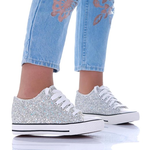 Srebrne trampki sneakersy na niskim koturnie /B4-1 16611 T097/ ze sklepu Pantofelek24.pl w kategorii Trampki damskie - zdjęcie 179053105