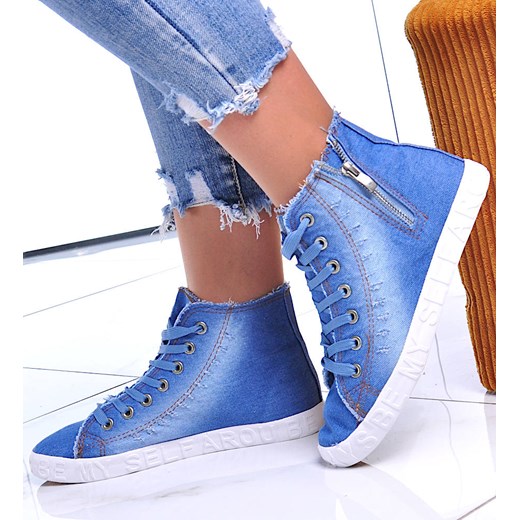 Jeansowe trampki z wysoką cholewką niebieskie /A3-2 12442 T296/ ze sklepu Pantofelek24.pl w kategorii Trampki damskie - zdjęcie 179053215