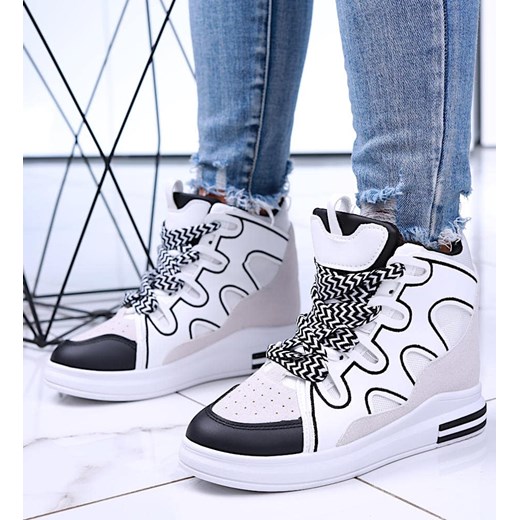 Sznurowane biało czarne trampki sneakersy na koturnie /F9-2 15779 D430/ ze sklepu Pantofelek24.pl w kategorii Buty sportowe damskie - zdjęcie 179054096