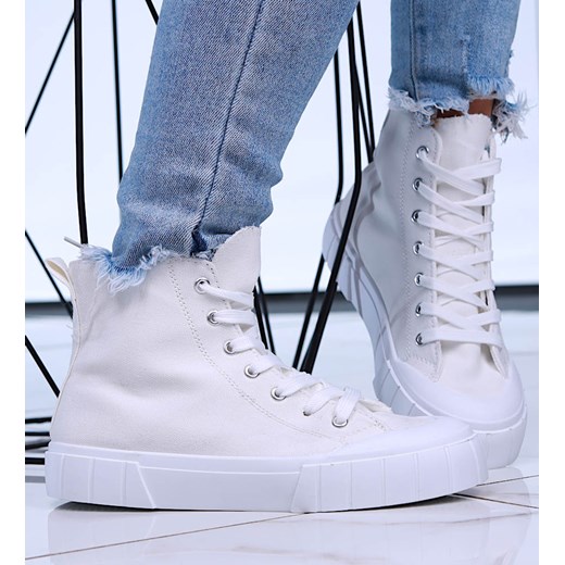 Białe wysokie trampki damskie z tkaniny /E9-3 15958 G157/ ze sklepu Pantofelek24.pl w kategorii Trampki damskie - zdjęcie 179054698