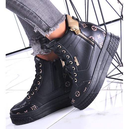 Wiązane czarno złote sneakersy na koturnie i platformie /F5-3 12317 T792/ ze sklepu Pantofelek24.pl w kategorii Trampki damskie - zdjęcie 179055909