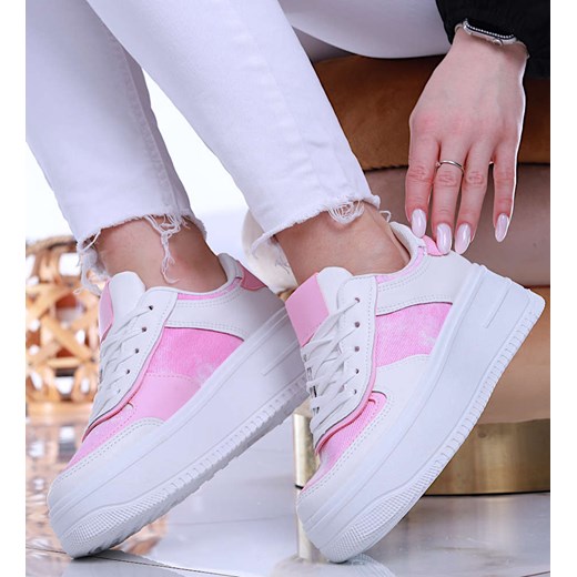 Wiązane sportowe buty damskie biało różówe /A2-2 13921 T392/ ze sklepu Pantofelek24.pl w kategorii Buty sportowe damskie - zdjęcie 179058079