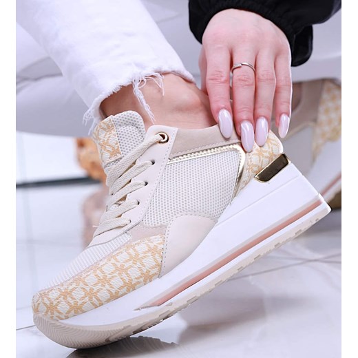 Beżowe trampki sneakersy na niskim koturnie /D1-2 13915 T396/ ze sklepu Pantofelek24.pl w kategorii Buty sportowe damskie - zdjęcie 179059435