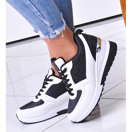 Biało czarne trampki sneakersy na niskim koturnie /E5-3 12522 T498/ ze sklepu Pantofelek24.pl w kategorii Buty sportowe damskie - zdjęcie 179059859