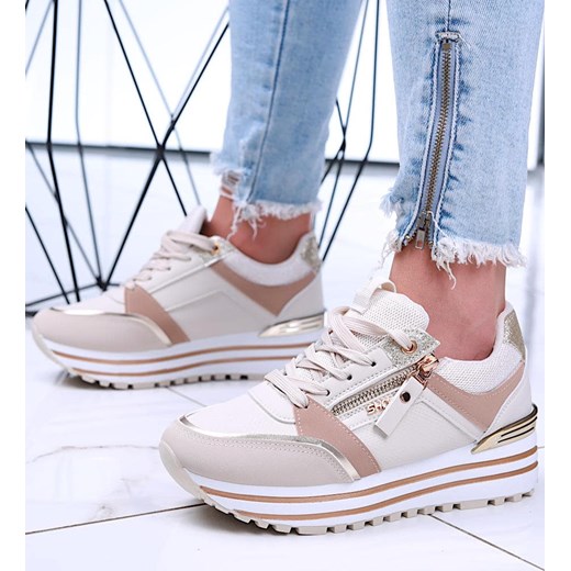 Sznurowane beżowe trampki sneakersy na koturnie i platformie /C2-3 15745 D432/ ze sklepu Pantofelek24.pl w kategorii Buty sportowe damskie - zdjęcie 179060046