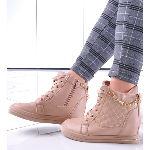 Beżowe sneakersy damskie na koturnie /F8-3 12771 T796/ ze sklepu Pantofelek24.pl w kategorii Botki - zdjęcie 179060075