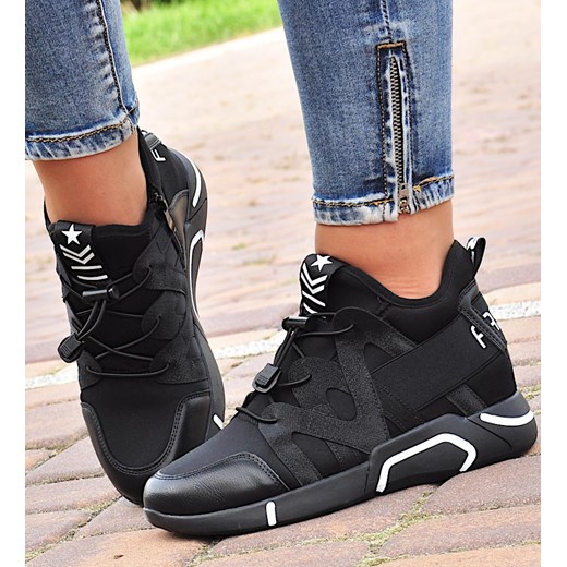 Czarne damskie trampki sneakersy na koturnie /E1-2 9653 S597/ ze sklepu Pantofelek24.pl w kategorii Buty sportowe damskie - zdjęcie 179061025