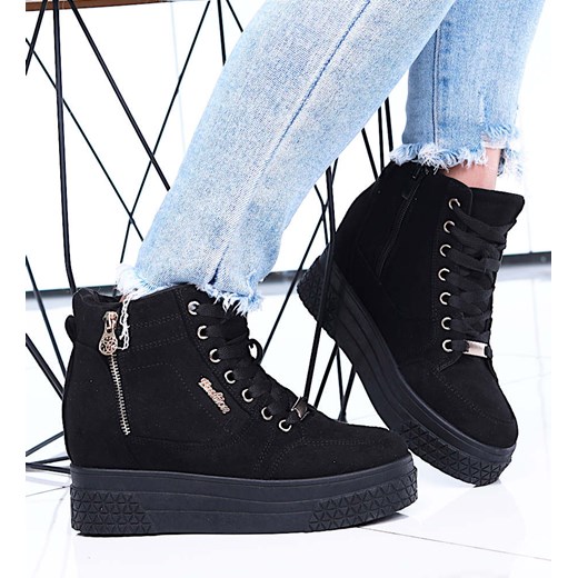 Czarne zamszowe sneakersy na koturnie i platformie /G4-3 15506 T634/ ze sklepu Pantofelek24.pl w kategorii Trampki damskie - zdjęcie 179061355