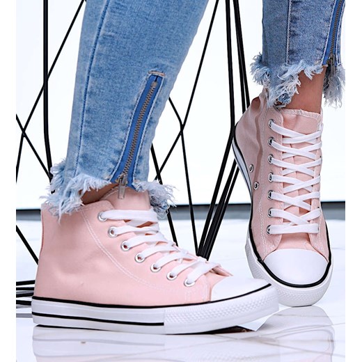 Wiązane wysokie różowe trampki z tkaniny /B1-3 15908 G158/ ze sklepu Pantofelek24.pl w kategorii Trampki damskie - zdjęcie 179062588