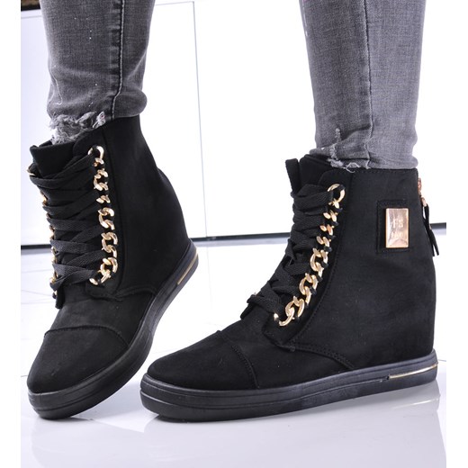Czarne sneakersy damskie na koturnie /A9-3 12766 T596/ ze sklepu Pantofelek24.pl w kategorii Botki - zdjęcie 179062795