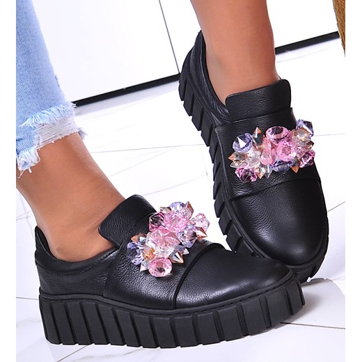 Czarne skórzane damskie trampki creepersy /B5-1 11692 N0200/ ze sklepu Pantofelek24.pl w kategorii Trampki damskie - zdjęcie 179062936