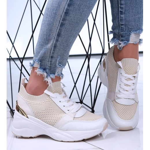 Wsuwane beżowe damskie sneakersy na koturnie /B5-3 15881 D360/ ze sklepu Pantofelek24.pl w kategorii Buty sportowe damskie - zdjęcie 179063986