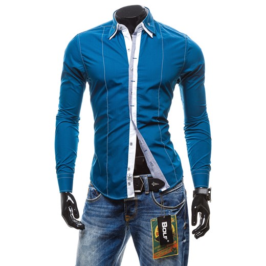 Koszula męska BOLF 4796 niebieska - NIEBIESKI denley-pl niebieski Koszule z długim rękawem męskie