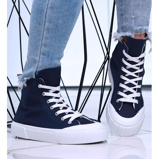 Granatowe wysokie trampki damskie z tkaniny /B3-3 15959  G157/ ze sklepu Pantofelek24.pl w kategorii Trampki damskie - zdjęcie 179065236