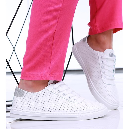 Ażurowe sznurowane biało srebrne tenisówki damskie /A10-3 16243 G282/ ze sklepu Pantofelek24.pl w kategorii Trampki damskie - zdjęcie 179066447