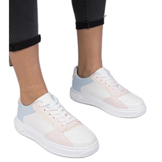 Biało-różowe sportowe sneakersy z ekoskóry białe ze sklepu ButyModne.pl w kategorii Buty sportowe damskie - zdjęcie 179067516