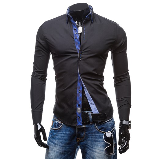 Koszula męska BY MIRZAD 5741 czarno-niebieska - CZARNO - NIEBIESKI denley-pl szary Koszule z długim rękawem męskie