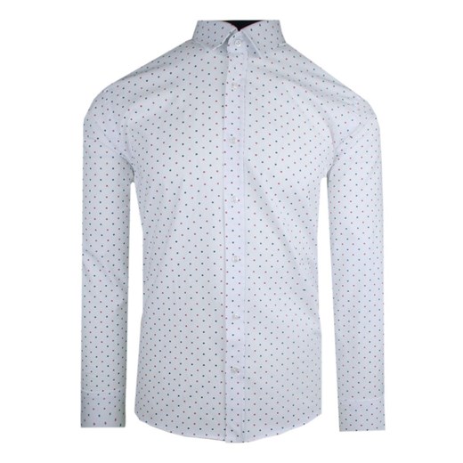 Męska, Taliowana (Slim Fit) Koszula Wizytowa - Rigon - Biała w Kolorowy Groszek KSDWRGN405801cSL ze sklepu JegoSzafa.pl w kategorii Koszule męskie - zdjęcie 179088068