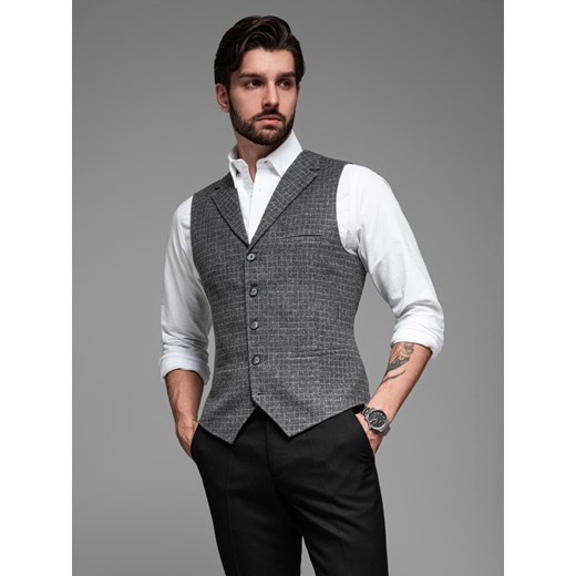 Elegancka kamizelka męska w kratkę z klapami – czarna V3 OM-BLZV-0110 ze sklepu ombre w kategorii Kamizelki męskie - zdjęcie 179098097