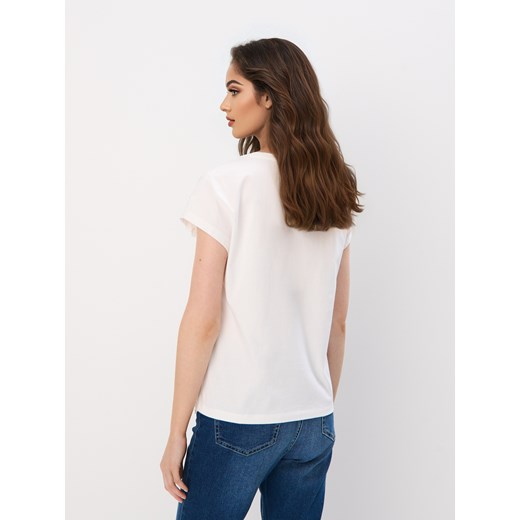 Biała bluzka damska Mohito casual bawełniana z krótkim rękawem z okrągłym dekoltem 
