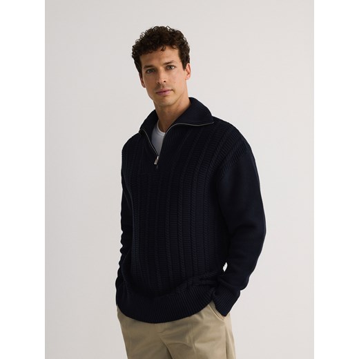 Reserved - Bawełniany sweter ze stójką - granatowy Reserved L okazja Reserved