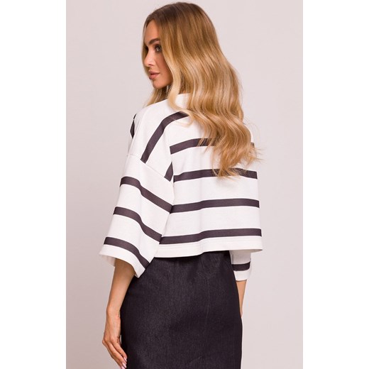 Moe krótka bluza damska w paski M844/1, Kolor biały-wzór, Rozmiar 2XL/3XL, MOE ze sklepu Primodo w kategorii Bluzy damskie - zdjęcie 179113629